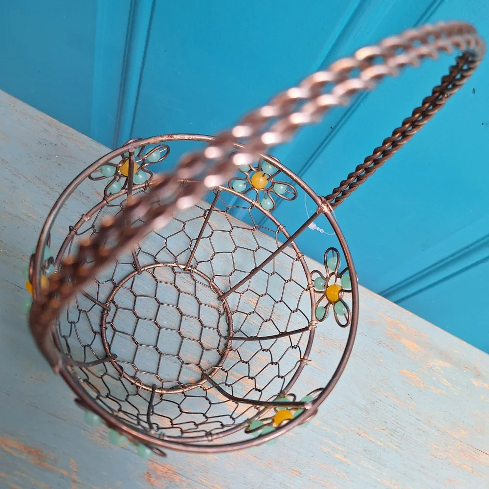 Beaded Easter Basket Silver Metal Woven Steel Aluminum Container w Handle Silver